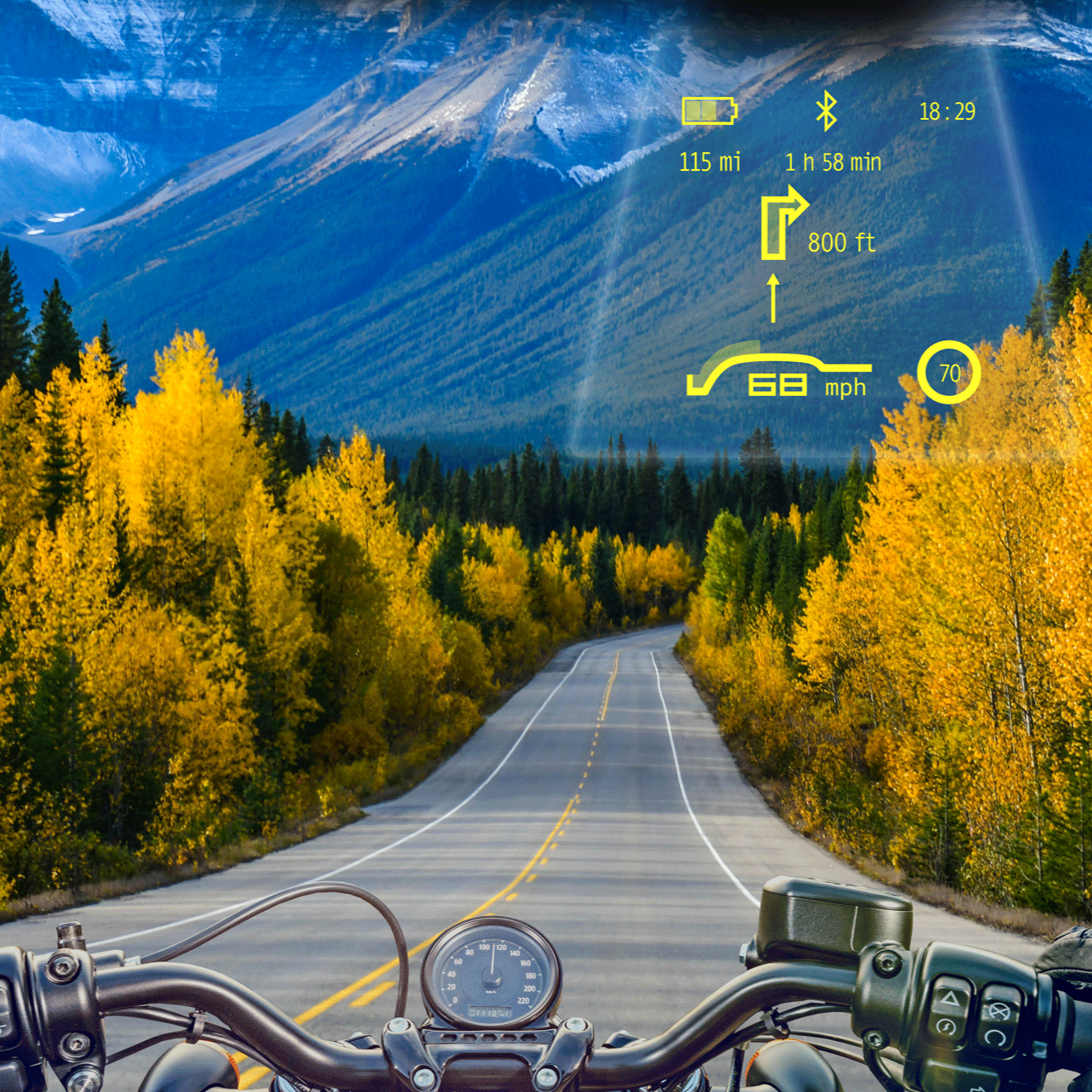 At Tilsberk Head-up Display  for your motorcycle helmet, you can choose which units of measurement are displayed, in this example: mph as well as mi and ft